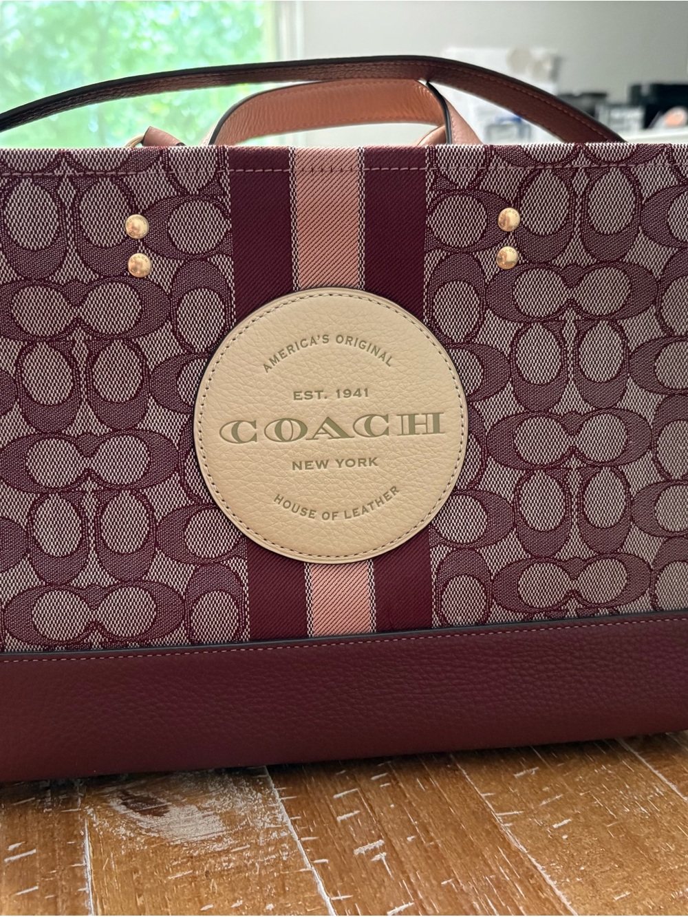 Coach Burgundy and Cream Signature Stripe Tote